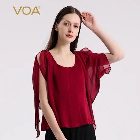 VOA40姆米真丝重磅双面乔圆领短袖不对称撞料拼接红色桑蚕丝T恤图片