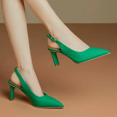 气质尖头高跟鞋女粗跟里外真皮时尚百搭荔枝纹软牛皮后空单鞋清仓商品大图