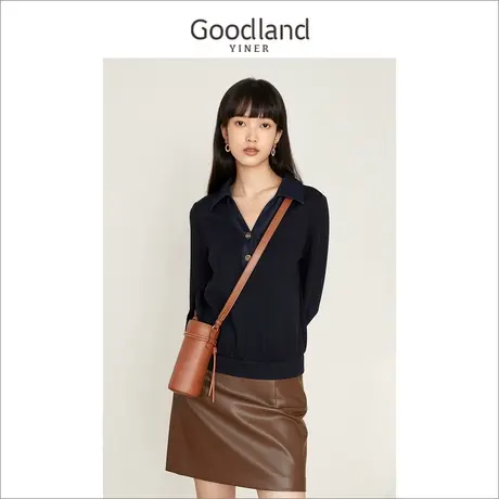 音儿美地女装2022冬季新款黑色长袖修身polo领上衣羊毛衬衫商品大图