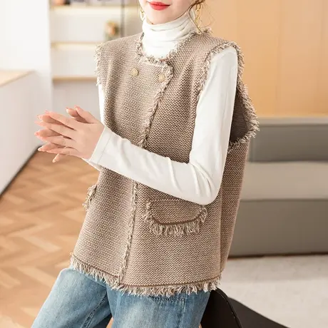 23163新款韩版宽松方领双排扣针织衫流苏毛衣女百搭欧美背心马甲图片