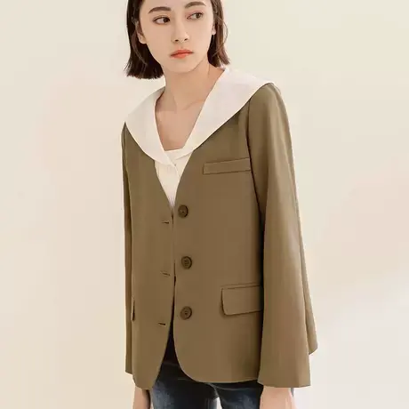 桔熊秋冬季通勤外搭V领长袖宽松纯色西装外套女胖妹妹大码EA3396图片