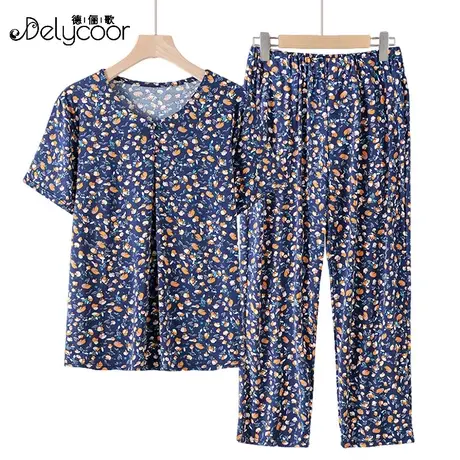 妈妈装夏季冰丝套装中老年女装碎花薄款上衣宽松短袖60岁老人t恤商品大图