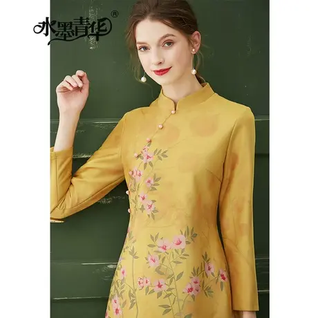 【1件7.9折】秋新款优雅复古立领时尚简约修身中国风印花连衣裙图片