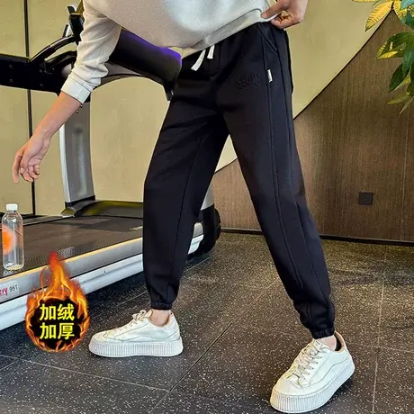 加绒卫裤男冬季2023新款潮流韩版束脚运动男裤冬款纯色加厚休闲裤图片
