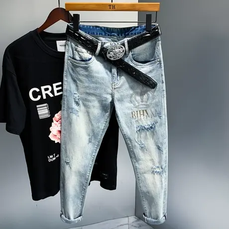 夏季新款浅色潮牌男士牛仔裤男长裤子修身小脚破洞韩版潮流学生潮商品大图