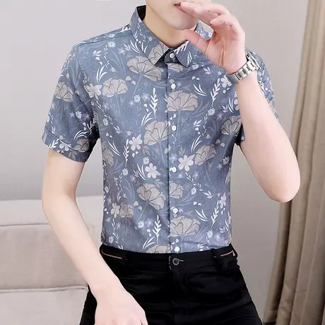 男士时尚碎花衬衫短袖夏季帅气半袖衬衣韩版潮流上衣青年休闲寸衫商品大图