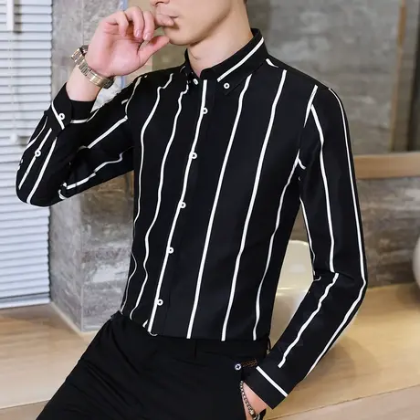 黑白色条纹衬衫男士长袖保暖英伦风衬衣加绒加厚韩版潮流寸衫秋冬商品大图