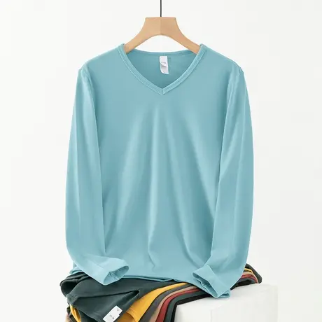 2024新款德绒长袖t恤男秋冬季潮流V领保暖内搭打底衫双面绒秋衣服商品大图