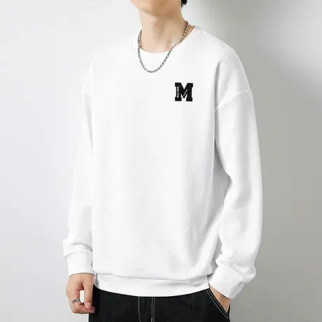 白色卫衣男2024新款华夫格秋冬季潮流宽松圆领长袖t恤无帽上衣服商品大图
