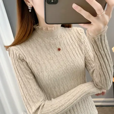 毛衣女长袖打底针织衫2024年新款女士荷叶边半高领内搭修身上衣图片