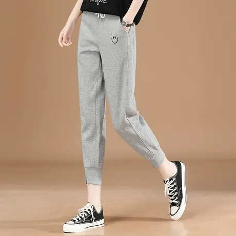 灰色松紧腰九分运动裤女2024春装新款刺绣宽松束脚哈伦休闲卫裤子图片