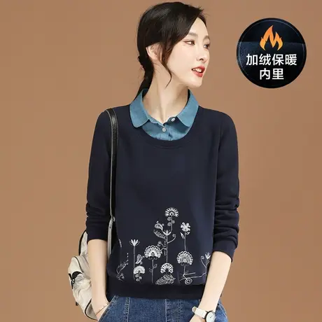 韩潮袭人套头假两件刺绣加绒卫衣女2023冬装设计感小众宽松上衣厚图片