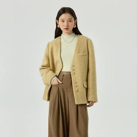 omont蛋挞家 复古圈圈呢西装外套2023秋冬新款V领宽松毛呢大衣女商品大图