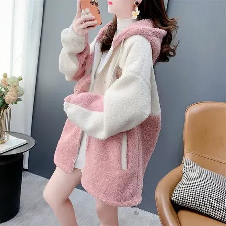 日系刺绣卡通小熊羊羔毛卫衣外套女秋冬2023新款宽松休闲拼色上衣商品大图