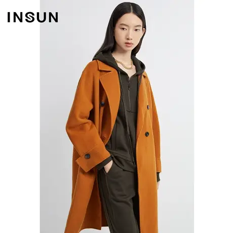INSUN恩裳冬季双排扣羊毛大衣斜插袋外套图片