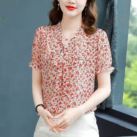碎花雪纺衬衫女上衣2023夏季新款时尚大码飘带T恤宽松显瘦V领女衫商品大图