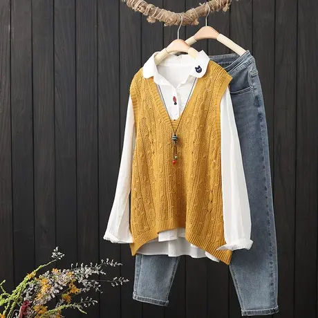 复古文艺纯色镂空针织马甲女士背心秋季新款V领叠穿无袖坎肩马夹图片