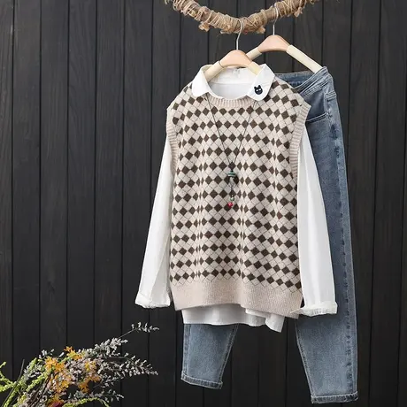 文艺菱形格拼色圆领针织马甲女2023春季新款无袖毛衣背心坎肩马夹图片