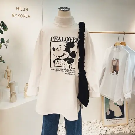 2021春款韩国东大门字母头像半高领加绒T恤秋冬打底衫中长款大码商品大图