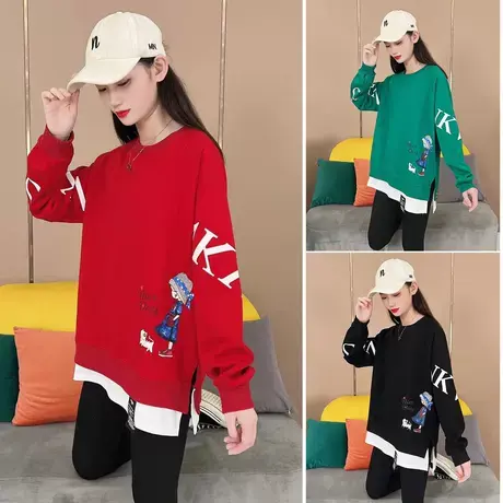 拼接假两件长袖卫衣女2023春秋新款圆领宽松显瘦小个子百搭上衣潮商品大图