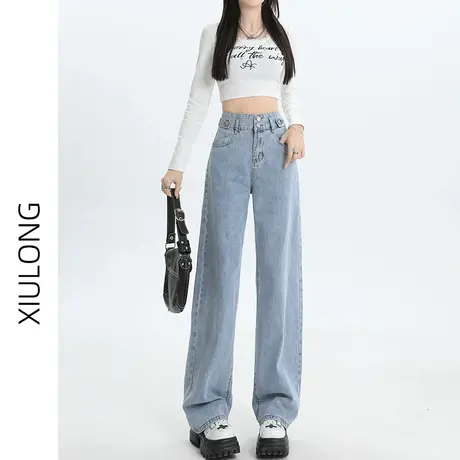 高腰加绒阔腿牛仔裤女秋冬季2023年新款显瘦直筒宽松小个子拖地裤图片