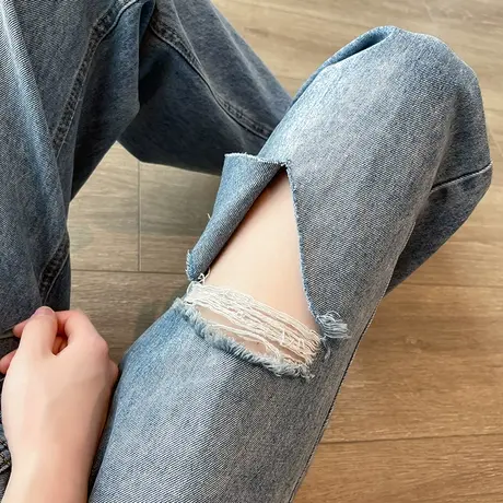 破洞阔腿牛仔裤女2023年春秋新款高腰窄版宽松显瘦ins百搭直筒裤商品大图