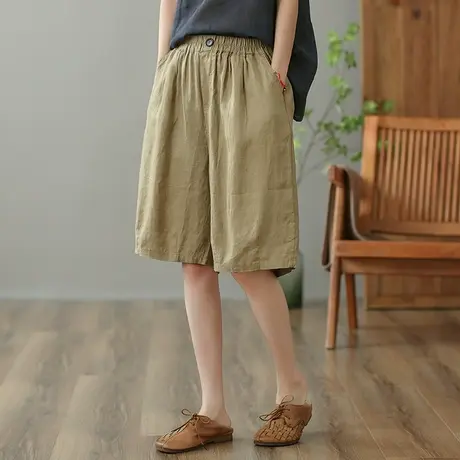 dza 高腰显瘦亚麻休闲裤女2023夏季直筒裤五分裤宽松棉麻阔腿裤子商品大图