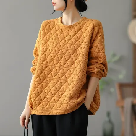 dza 复古圆领棱格子卫衣女士春秋新款百搭休闲长袖上衣纯棉短外套图片