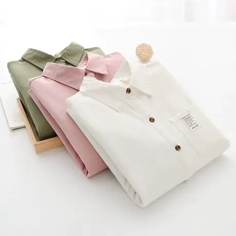 2019秋冬新款韩版复古百搭加绒纯棉白色衬衫女士宽松保暖加厚衬衣商品大图