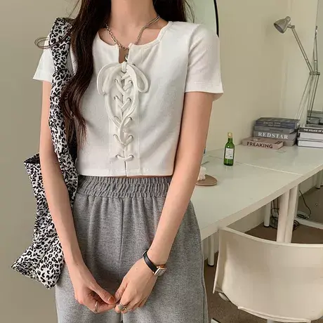露脐短款正肩t恤女夏季修身显瘦高腰短袖白色打底衫辣妹内搭上衣商品大图