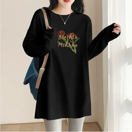 2022年秋季新款长袖t恤设计感打底衫宽松纯棉内搭郁金香黑色上衣商品大图