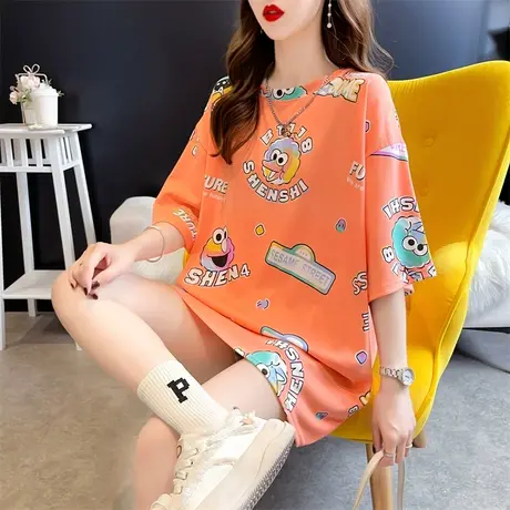 圆领正肩ins设计感小众印花字母短袖T恤女大版打底衫情侣宽松上衣图片