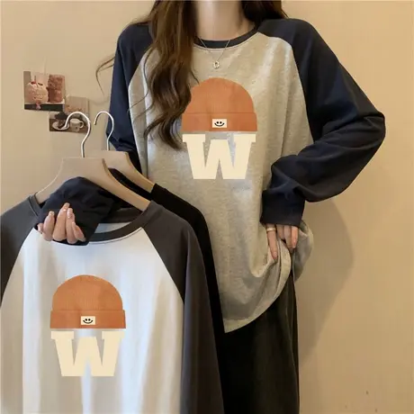 2023新款欧货潮牌长袖T恤女秋冬德绒打底衫内搭加绒插肩袖上衣服商品大图