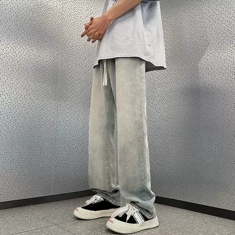 美式黄泥色牛仔裤男生夏季薄款宽松直筒裤子男款夏天冰丝阔腿长裤商品大图