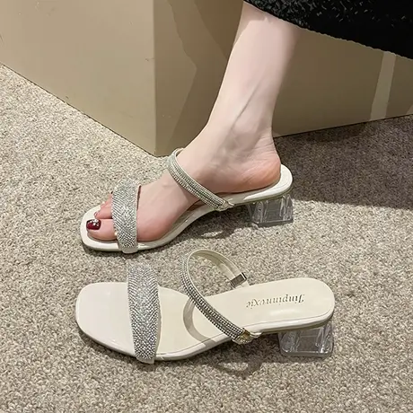 韩版凉拖鞋女夏外穿粗跟时尚水钻两穿凉鞋2023新款网红中跟一字拖商品大图
