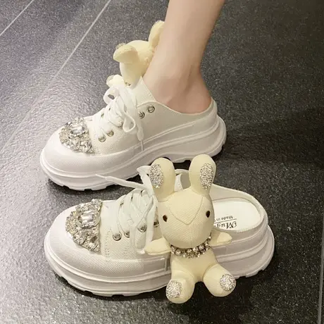 厚底包头半拖鞋女秋季外穿2023年新款水钻百搭炸街增高帆布休闲鞋商品大图