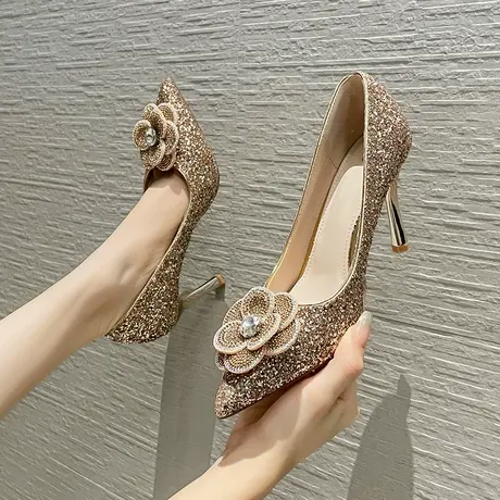 法式山茶花水钻高跟鞋女2024新款婚鞋新娘鞋尖头细跟单鞋气质名媛图片