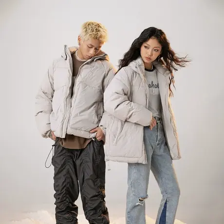 潮牌羽绒服女冬季可拆卸连帽加厚外套2023新款复古情侣宽松面包服商品大图