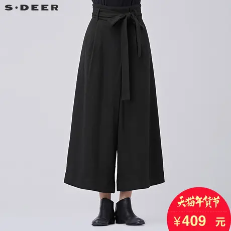 sdeer圣迪奥女2018冬装斜襟压皱系带休闲毛呢长裤阔腿裤S16480897商品大图