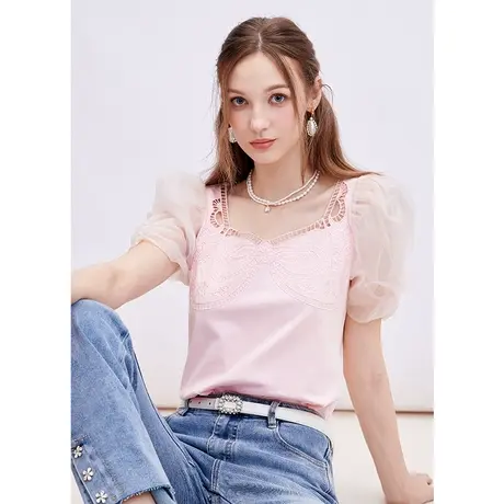missCOCOON方领泡泡袖针织T恤女2023夏装新款蝴蝶结绣花百搭上衣商品大图