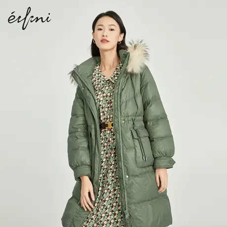 伊芙丽羽绒服女冬新品长袖连帽毛领保暖中长款女士外套1BA781091商品大图