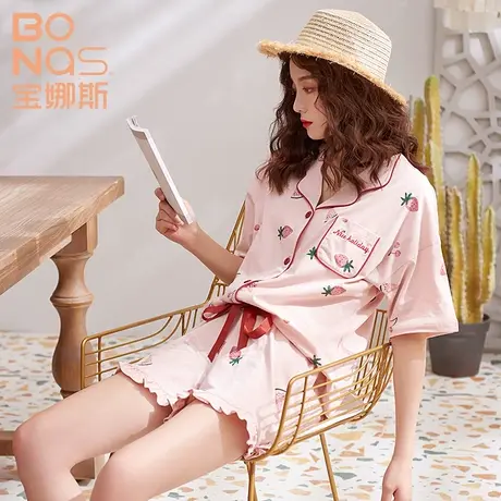 宝娜斯春秋纯棉短袖睡衣女士甜美可爱家居服套装休闲可外穿薄款图片