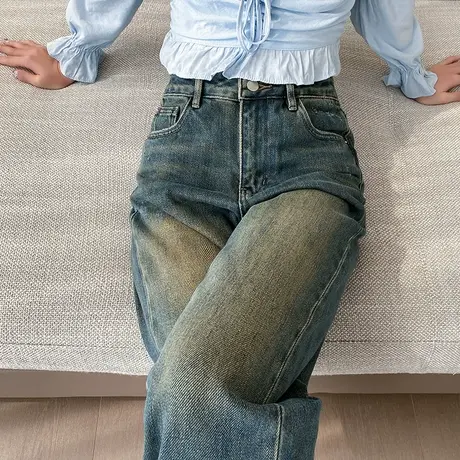 复古窄版阔腿裤女小个子春秋2024新款高腰宽松显瘦垂感直筒牛仔裤商品大图
