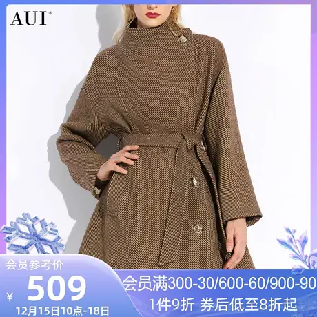 AUI卡其色小个子短款毛呢外套女2023冬新款美拉德风收腰呢子大衣商品大图