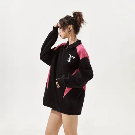 YEP设计感拼接撞色半高领卫衣女2024年新款春装街头复古宽松上衣商品大图