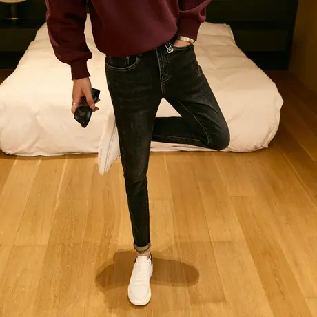 2023秋冬新款韩版修身小脚裤潮男挂饰百搭铅笔裤青年水洗显瘦长裤商品大图
