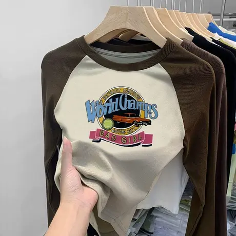 长袖打底衫女2023秋新款韩版小个子撞色圆领上衣修身内搭插肩t恤商品大图