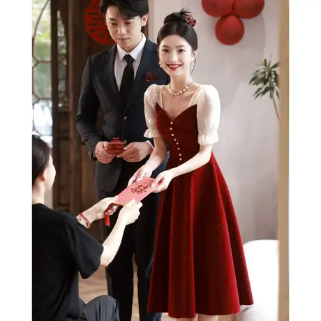 订婚礼服女敬酒服2024新款新娘结婚当天便装回门红色连衣裙小个子商品大图