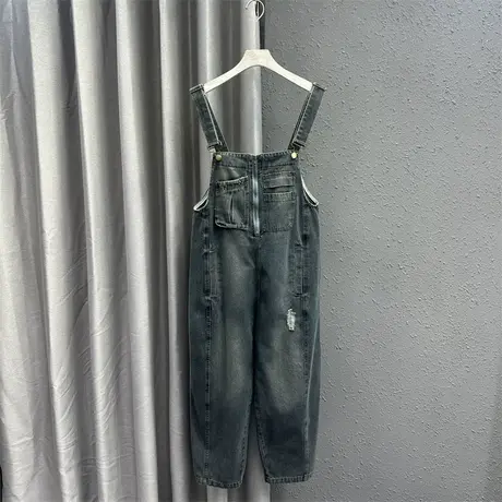 复古磨破牛仔背带裤女2024春季新款做旧大码宽松显瘦百搭连体长裤商品大图