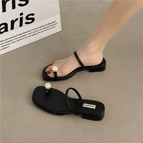 粗跟度假风珍珠套趾一字拖仙女鞋2024夏季外穿时尚夹趾低跟凉拖鞋商品大图